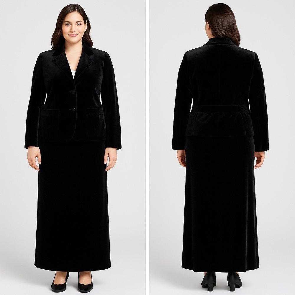 I.N. Studio Petite Black Velvet Blazer Maxi Skirt Suit‎ 2-Piece Set Size 10P